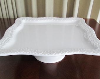 Vtg Ceriart S.A. Portugal White Ceramic Square Cake Stand Pedestal Platter - Wavy Lace Embossed Rim - 13" Wide