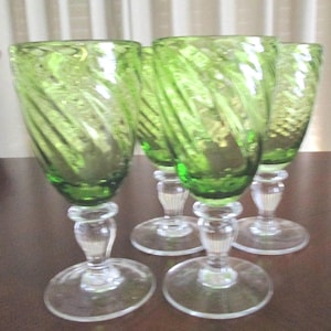 Vintage Hand Blown Chartreuse Green Swirl Water Goblets - Set of 4 - 8&quot; Tall