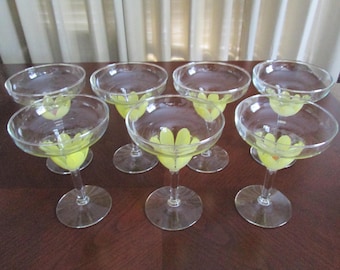 Copas de margarita de cristal vintage grandes de 15 cm pintadas a mano - Tulipán amarillo - Juego de 7