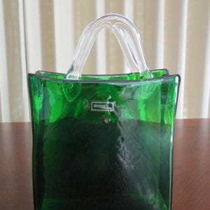 Vintage Hand Blown Art Glass Handbag Green W/Clear Handles Purse/Vase- 8 3/4&quot;