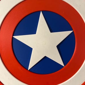 May include: A shield in red, white, and blue, featuring a white star at its centre. The design is circular, with a white outer ring, a red middle ring, and a blue centre containing a white star.