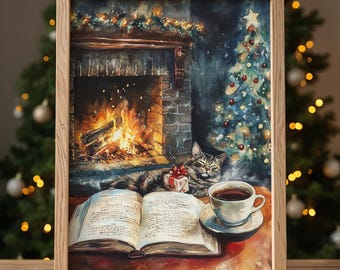 以下が含まれることがあります： 額縁に入った水彩画は、居心地の良いクリスマスのシーンを描いています。 燃える火のある暖炉、装飾されたクリスマスツリー、猫、開いた本、コーヒーカップが見えます。 絵は暖かく、人を招き入れるような雰囲気です。