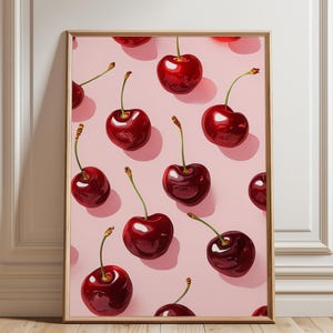 Coquette Cherries Wall Art Printable | Pop Art Red Cherries on Pink Background | Kitchen Art, Fruit Print, Digital Download