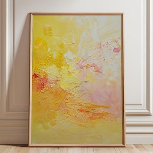 Abstract pastel yellow and pink digital wall art in wooden frame.