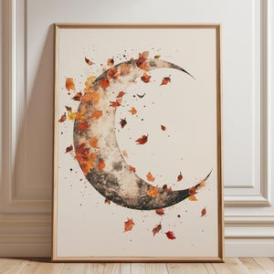 Autumn Moon Wall Art | Fall Crescent Moon Printable | Boho Autumn Decor | Celestial Leaves Print | Cozy Digital Download