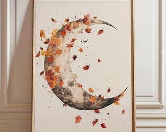 Autumn Crescent Moon Print: Boho Celestial Leaves Wall Art