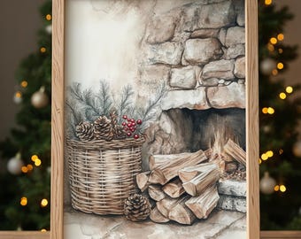 Cozy Christmas Fireplace Watercolor Print, Vintage Holiday Wall Art (Digital Download)
