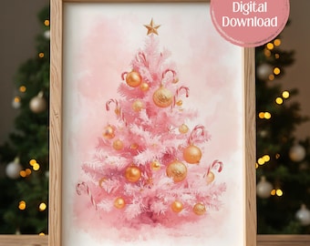 Rosa Weihnachtsbaum Aquarell Druck, Kokette Urlaub Dekor (digitaler Download)