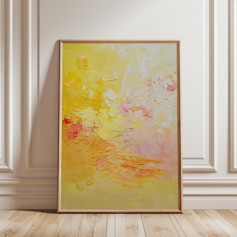 Abstract pastel yellow and pink digital wall art in wooden frame.
