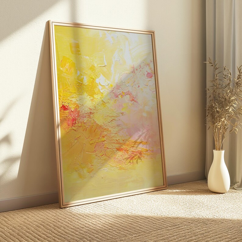 Modern digital painting in pastel colors on floor against wall.