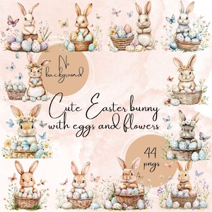 Watercolor Easter Bunny Clipart | Cute Spring Rabbit & Floral PNG | Digital Download for Scrapbooking and Crafts