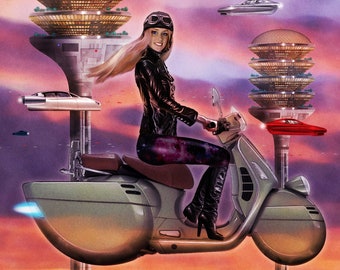 Scooter Girl, print of illustration for cover of Space & Time Magazine