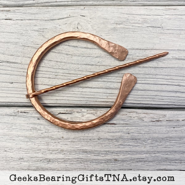 Celtic style, or "penannular" brooch/shawl pin, hand forged from solid copper