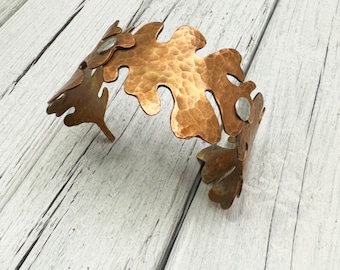 Hammered copper oak leaf cuff bracelet