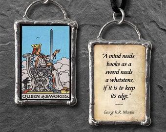 The Queen of Swords Tarot Card Pendant with Quote
