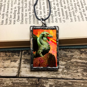 Shakespeare&#39;s Dragon, soldered glass quote pendant by Geeks Bearing Gifts.