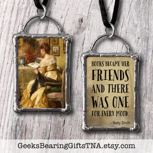 Pendant with vintage Victorian artwork and inspiring quote about books by Geeks Bearing Gifts. image 1