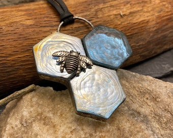 Honeycomb Necklace in pale blue stained glass, and pewter