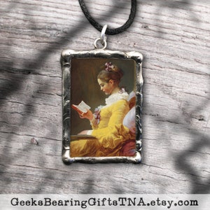 Pendant with vintage Victorian artwork and inspiring quote about reading image 1