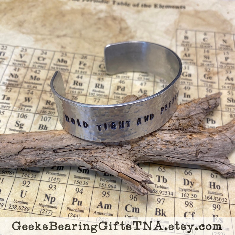 Hold Tight and Pretend its a Plan, 3/4 inch hand hammered, hand stamped aluminum cuff bracelet image 2