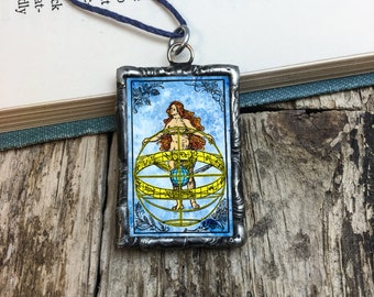 Medieval Armillary Sphere and Sky Goddess with Carl Sagan Quote, soldered glass pendant