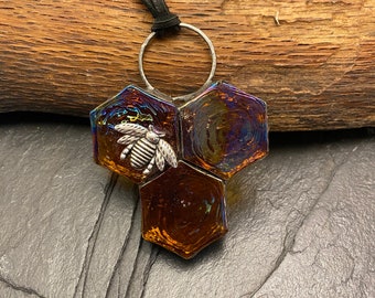 Honeycomb Necklace in stained glass, and pewter