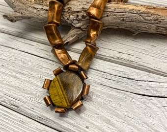 Hammered copper necklace with tiger eye Pendant