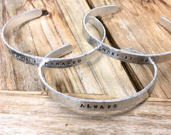 Hand Hammered and Stamped 1/4 Inch Custom Aluminum Cuff Bracelets (Sans Serif Font)