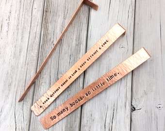 Hammered copper bookmark with hand stamped quotes.
