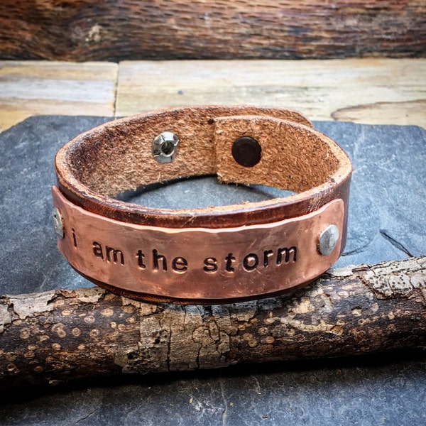 I AM THE STORM, hammered copper and leather bracelet with inspirational quote