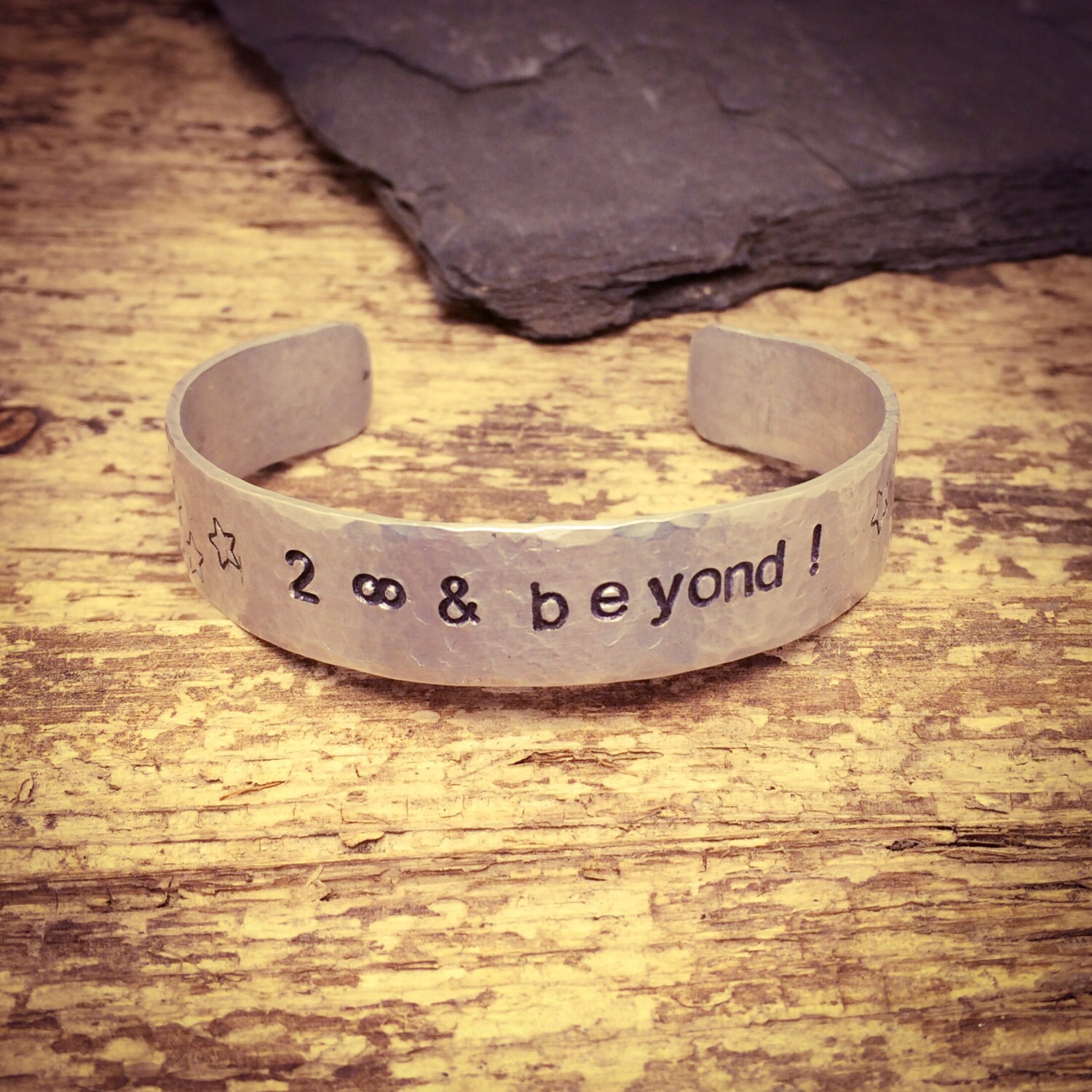 hand stamped aluminum cuff bracelet Peace Science Love Hand hammered
