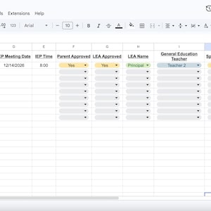 May include: A digital spreadsheet template titled IEP Planner Etsy Template with columns for student data, meeting dates, and status tracking. The table includes dropdown menus for parent approval, LEA status, teacher names, and communication attempts.