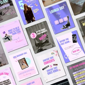 May include: A collection of pink and purple social media templates with text and graphics. Topics include Instagram tips, launch day, client waitlist, and content creation. The templates feature images of people and icons.