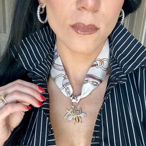 Cream Silk Scarf Bumble Bee Pearl Cross Horseshoe Charm Necklace