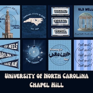 UNC Digital Print Set – 8 Printable Chapel Hill Dorm Prints | Tar Heels Decor | Old Well, Bell Tower, Carolina Blue Aesthetic