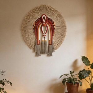 Pode incluir: Uma grande tapeçaria de parede circular com uma base de fibra natural tecida e um design central com detalhes em vermelho, amarelo e branco. A peça tem franjas de borlas cinzentas e está montada numa parede de cor neutra. A sala é decorada com plantas em vasos e uma lâmpada tecida.