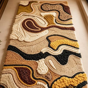 Pode incluir: Uma tapeçaria retangular com um design texturizado e tufado de formas orgânicas e onduladas. A peça incorpora uma paleta de fios em tons de creme, bege, amarelo mostarda, castanho escuro e preto, utilizando diversas alturas de pelo e texturas.