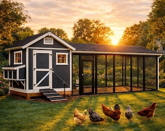 Plany budowy kurnika, duży kurnik 8x10 z możliwością samodzielnego montażu, dla 20 kur, odporny na drapieżniki, natychmiastowy do pobrania, instrukcja budowy w formacie PDF