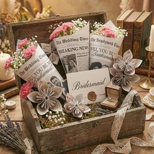 Op de afbeelding: Een rustieke houten kist gevuld met items met een bruiloftthema. Het bevat boeketten van roze anjers verpakt in krantenpapier, papieren bloemdecoraties, een ringdoosje met een ring en een kaart met "Bridesmaid".