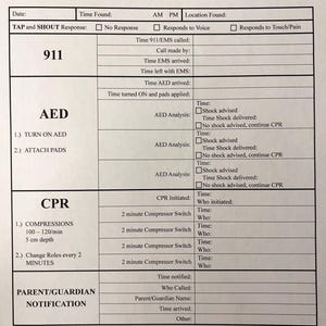 Könnte beinhalten: Ein weißes Formular mit dem Titel "Emergency AED/CPR Response" mit Abschnitten für Schülerinformationen, 911, AED, CPR und Benachrichtigung der Eltern/Erziehungsberechtigten. Enthält Kontrollkästchen und Felder zur Aufzeichnung von Zeiten und Antworten.