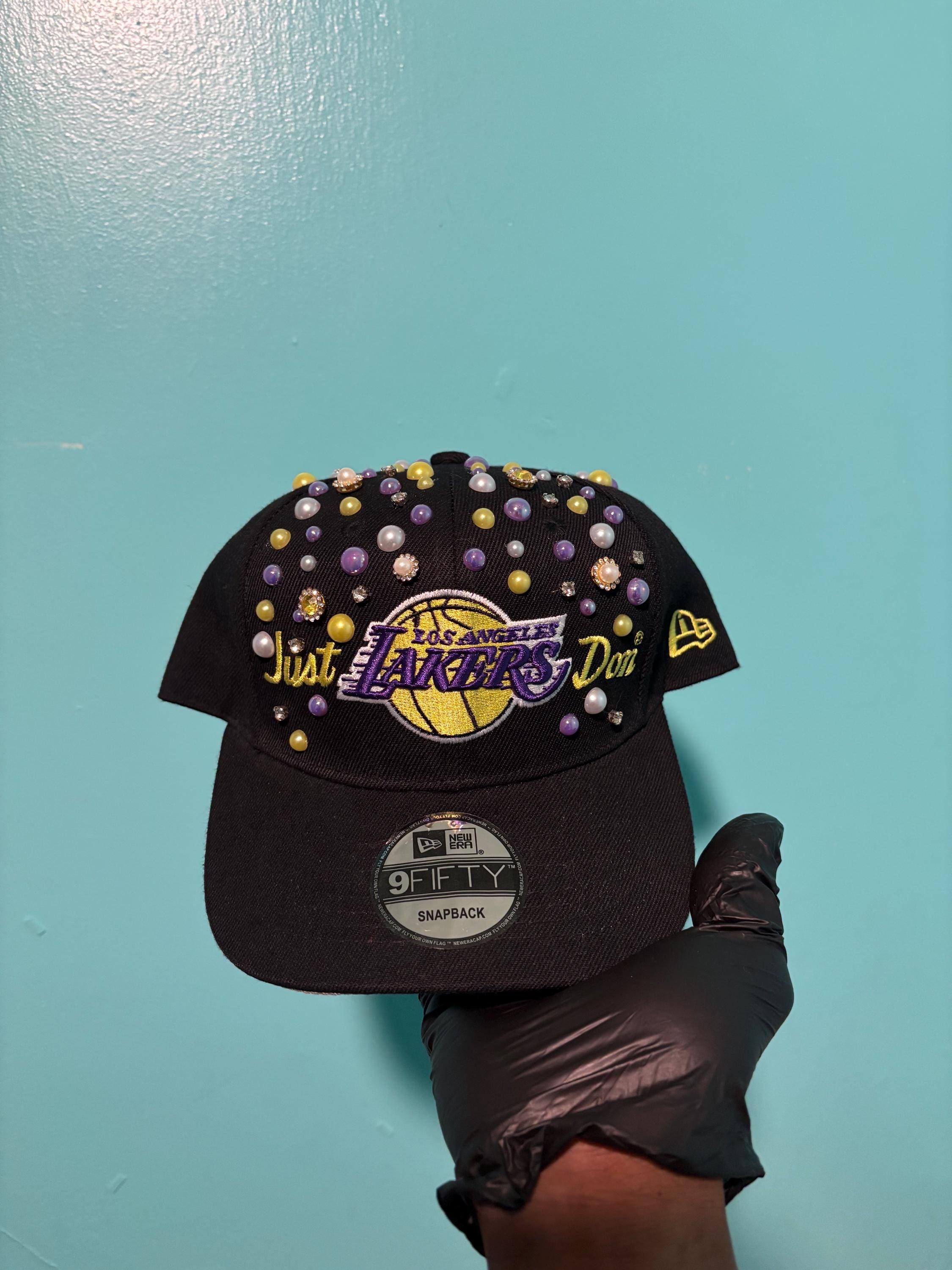 LOS ANGELES LAKERS RHINESTONE BLING HAT Los Angeles Lakers Corduroy Rhinestone Snapback Hat – DannijoPro main image 3