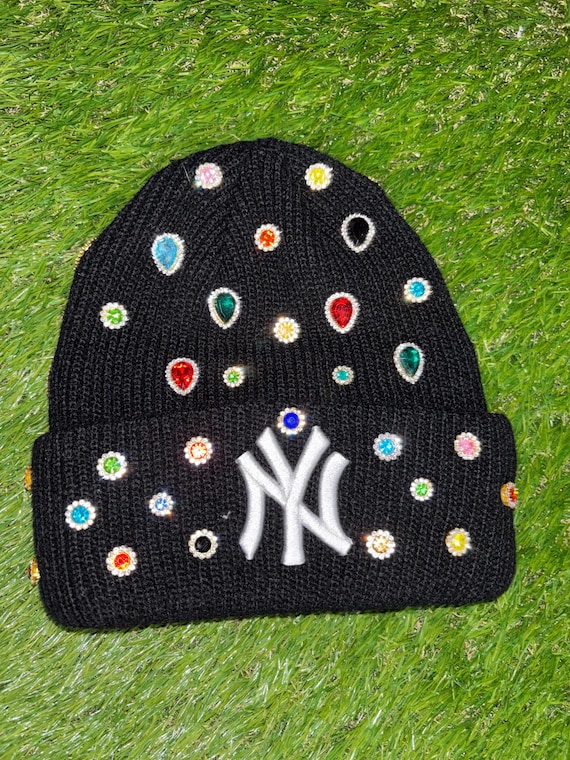 Black Beanie with Colorful Rhinestones Rhinestone Gemstone Beanie Hat – Sparkle Skull Cap (Black or  main image 2