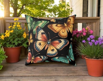 Butterfly Throw Pillow: Colorful Boho Cushion, Black Background