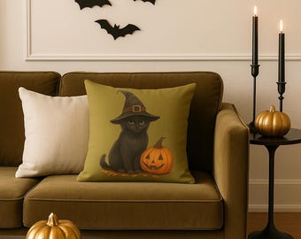 Almohada de Halloween de gato negro: gatito con sombrero de bruja y calabaza - Decoración otoñal espeluznante