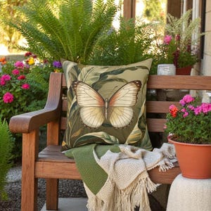 Vintage Inspired Butterfly Throw Pillow |Botanical Nature Accent Cushion |Earthy Green Cottagecore Decor | Nature-Inspired Home Gift