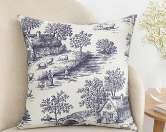 French Toile Throw Pillow: Vintage Cottagecore Home Decor