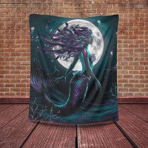 May include: A mermaid with long, flowing purple hair and a teal tail swims in front of a full moon. The background is a dark blue with white jellyfish.