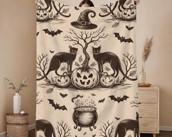 Vintage Halloween Throw Blanket: Black Cat & Pumpkin, Spooky Fall Decor