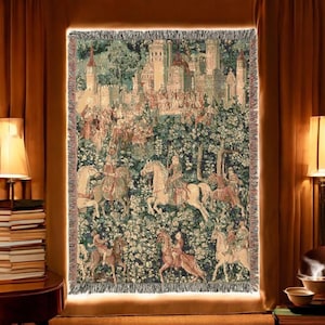 Jeté médiéval en tapisserie tissée | Scène de château et de cheval | Tenture murale en coton d&#39;inspiration vintage | Décoration d&#39;intérieur historique