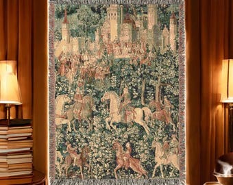 Mittelalterlicher Tapisserie-Überwurf: Vintage Pferdemotiv, Wandbehang aus Baumwolle